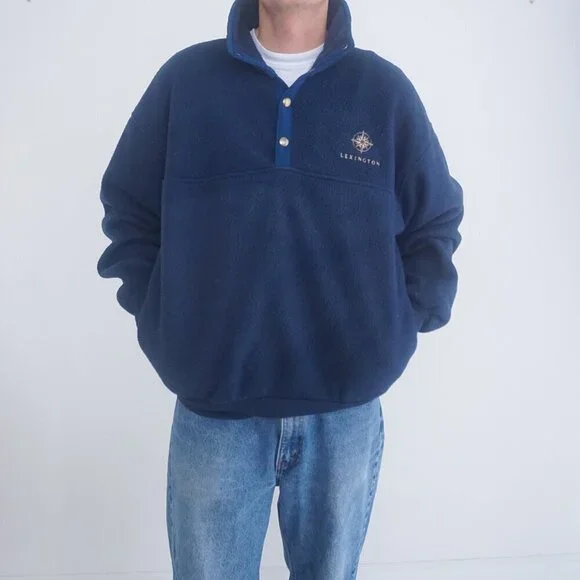 Vintage '90S Arctic Image Navy Lexington Fleece Quarter Button Pullover Sweater - Picture 1 of 11